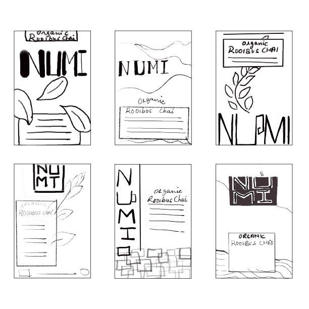 Thumbnail sketches testing logo lockups, flavor badges, and seal placement